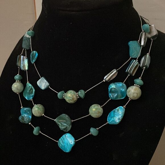 New York & Co. silver tone triple strand-shortest 17”-turquoise tone necklace - Picture 4 of 12